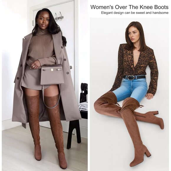 Women's Mocha Brown Suede Inner Zipper Thigh High Over The Knee High Heel Boots - Picture 3 of 9